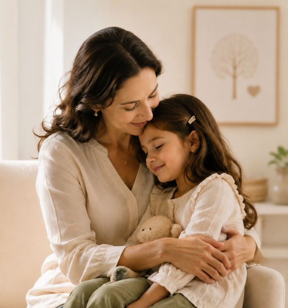 mãe com filha no colo